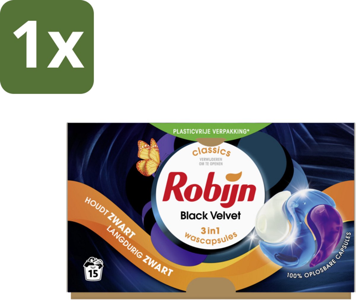 1 x Robijn - 3-in-1 Black Velvet - Wascapsules - 15 Wasbeurten - Zwart Wasmiddel - Donkere Was - 3-in-1 Wasmiddel - Wasverzachter - Geur Wasmiddel
