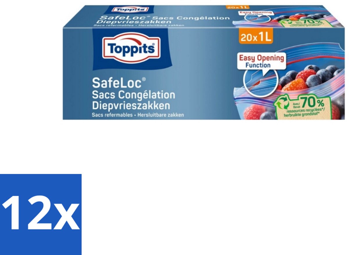 Toppits – Safeloc Diepvrieszakken – 1 Liter – 20 Zakjes - Voordeelverpakking - 12 stuks