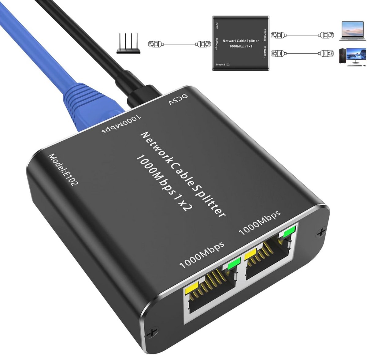 YOUTINGHDAV LAN-splitter 1 op 2, 1000 Mbps RJ45 netwerk switch 2-poorts ethernet splitter, RJ45 Gigabit Switch CAT5 CAT5E CAT6 CAT7 voor pc, laptop, hub, switch, router, settop box, digitale tv