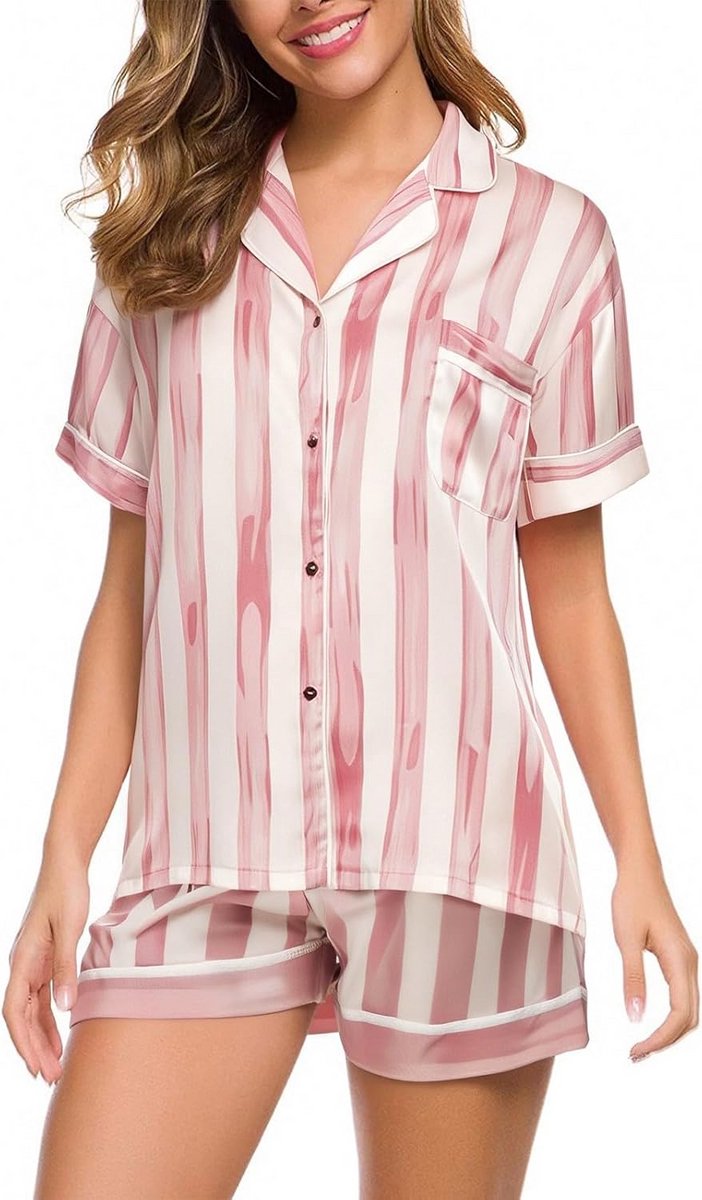 Katoenen Pyjama Set Dames met Korte Mouw en Knoopsluiting - Nachtkleding & Loungewear