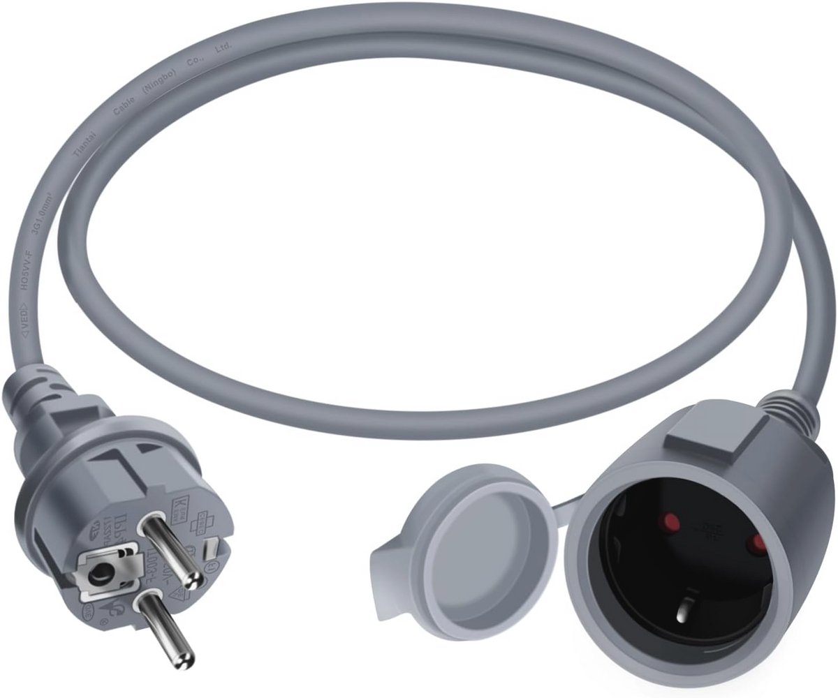 Korte Schuko Uitbreidingskabel 16A/250V - IP44 Buitenkabel voor Huis en Kantoor (Grijs, 2m)