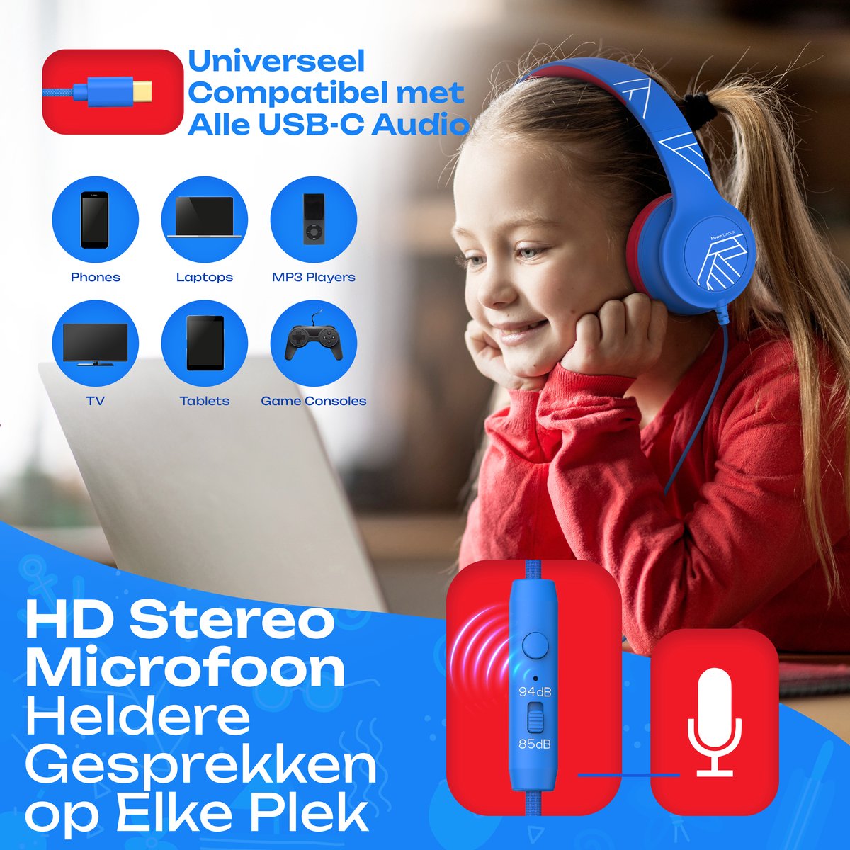 PowerLocus PLED Wired Kinder Koptelefoon met Draad USB-C - Koptelefoon voor kinderen - Veilig volume van 85dB en 94dB - Hoofdtelefoon - Met microfoon - Sharing Audio Functie - USB-C Blauw/Rood — afbeelding 6