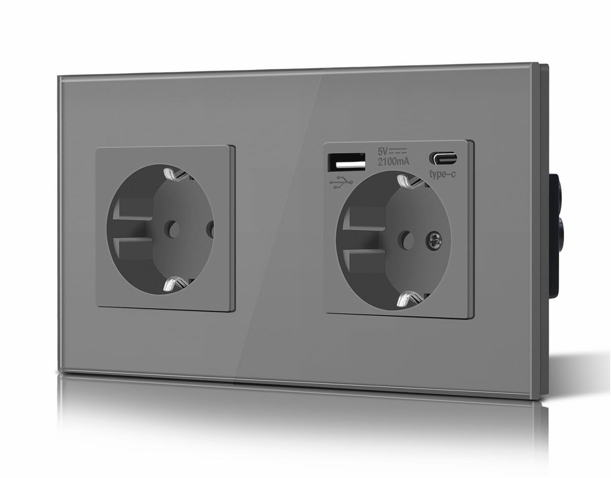 Dubbel Schuko Stopcontact met USB, Inbouw Oplaadstation en Type C Adapter, 3-in-1 Verlengstopcontact