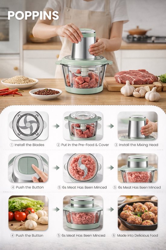 Elektrische Hakmolen - Food Chopper - Mini Keukenmachine - Vleesmolen - Groentehakker - Uiensnijder - Knoflookhakker - Notenmaler - Kruidenmolen - 2L Glazen Kom - 4 RVS Messen - 2 Snelheden - 400W - Veiligheidsslot - Groen — afbeelding 2