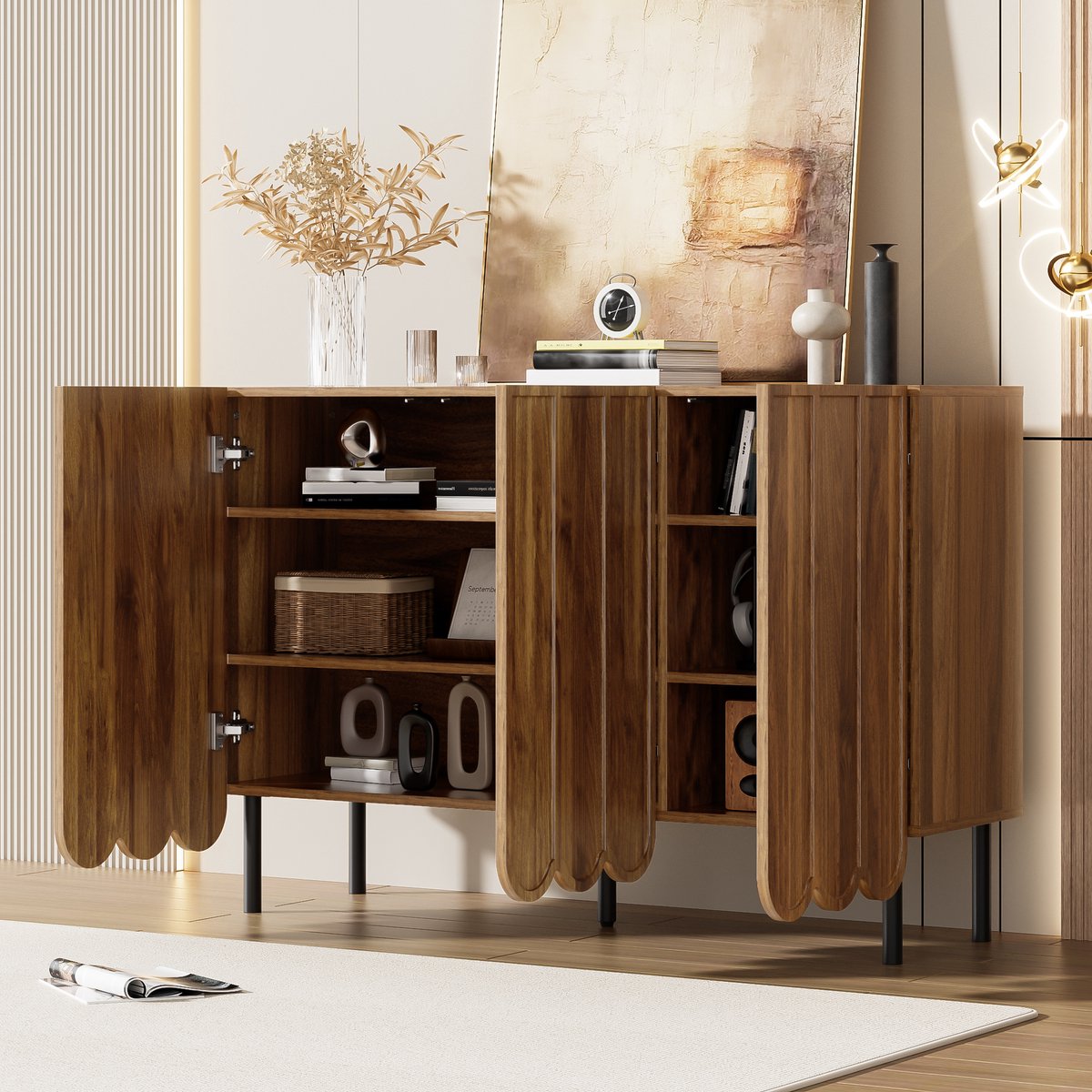 HAUSS SPOLE Dressoir – Golvende Deuren Met Greeploos Druk-Open Systeem – Verstelbare Planken – Voor Woonkamer En Hal – MDF – 120x35x80 Cm – Walnoot Houtkleur