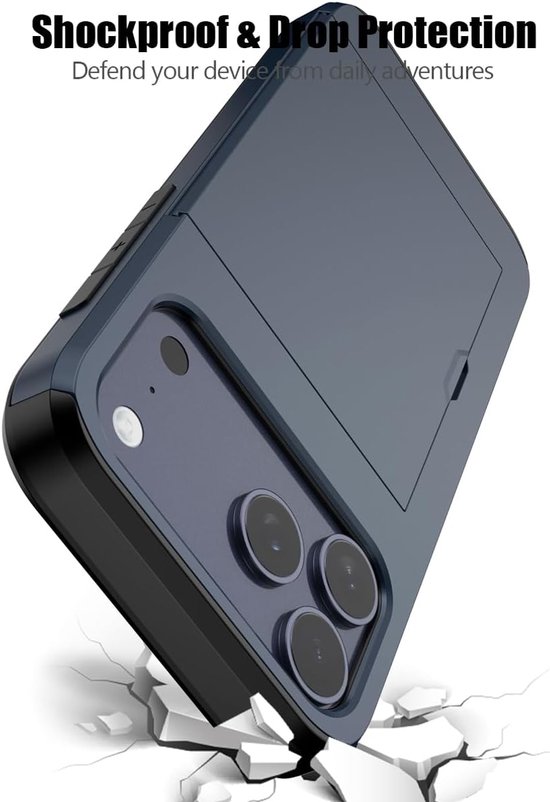 YPCd Hardcase Pasjeshouder Hoesje – Geschikt voor Apple iPhone 17 Pro Max – Shockproof Backcover met Verborgen Kaartvak / Kaarthouder – Donkerblauw