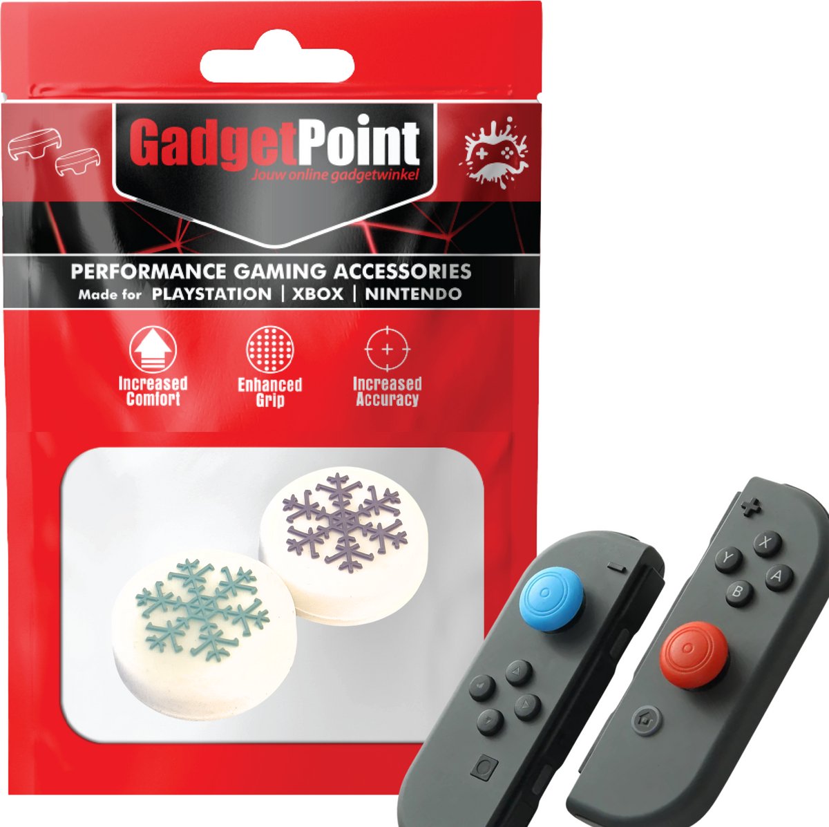 Gadgetpoint - Thumb Grips voor Nintendo Switch Joy-Con Controllers - Gaming Thumbgrips - Performance Anti-Slip Thumbsticks - Bescherming Accessoires - Sneeuwvlokje - Wit met Blauw/Paars