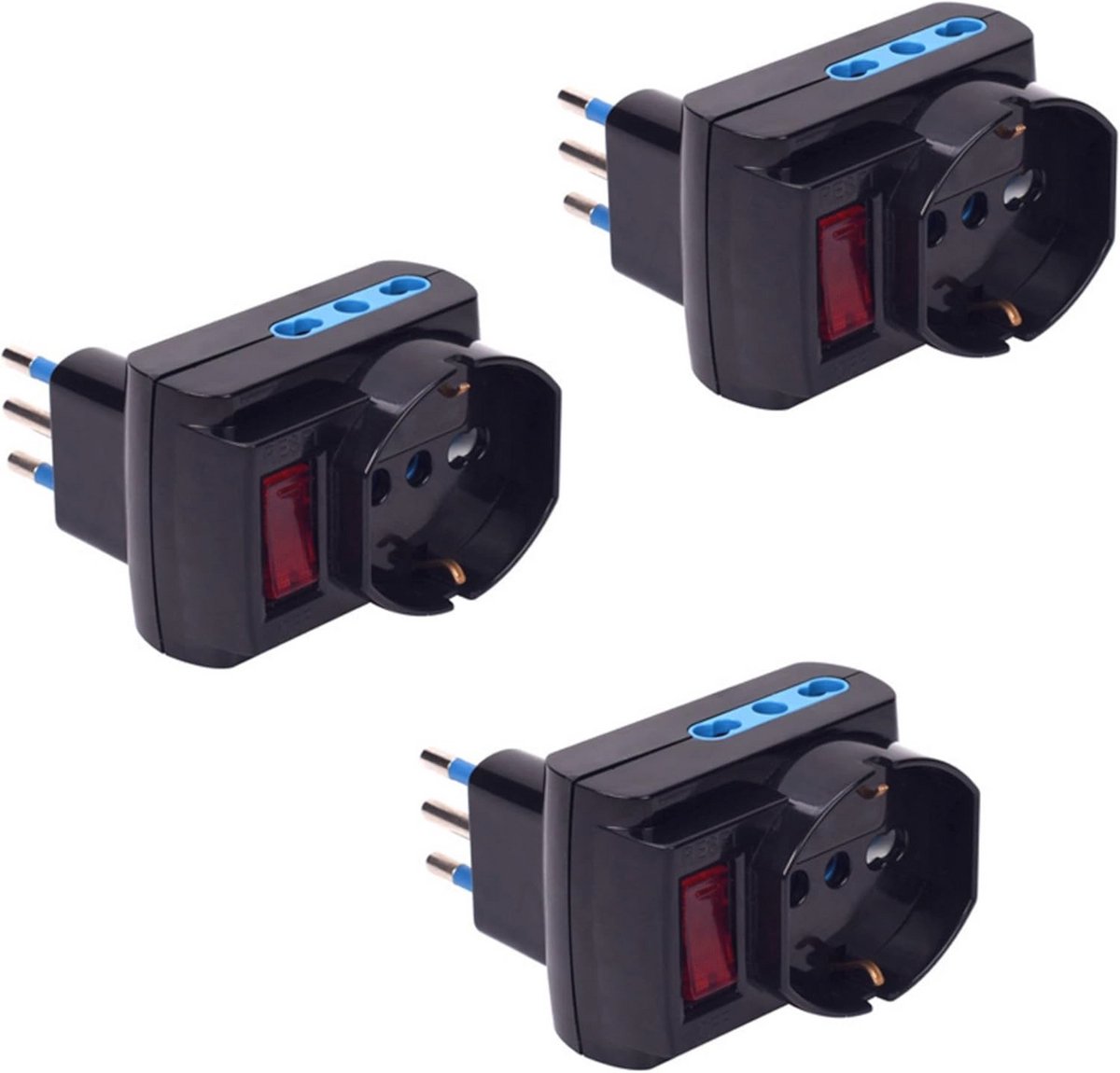 Adapterset voor kleine stekkers en grote stopcontacten – 10A, 2P+T, 2 stopcontacten Biv. 10-16A en 1 pluristandaard stopcontact 10-16A