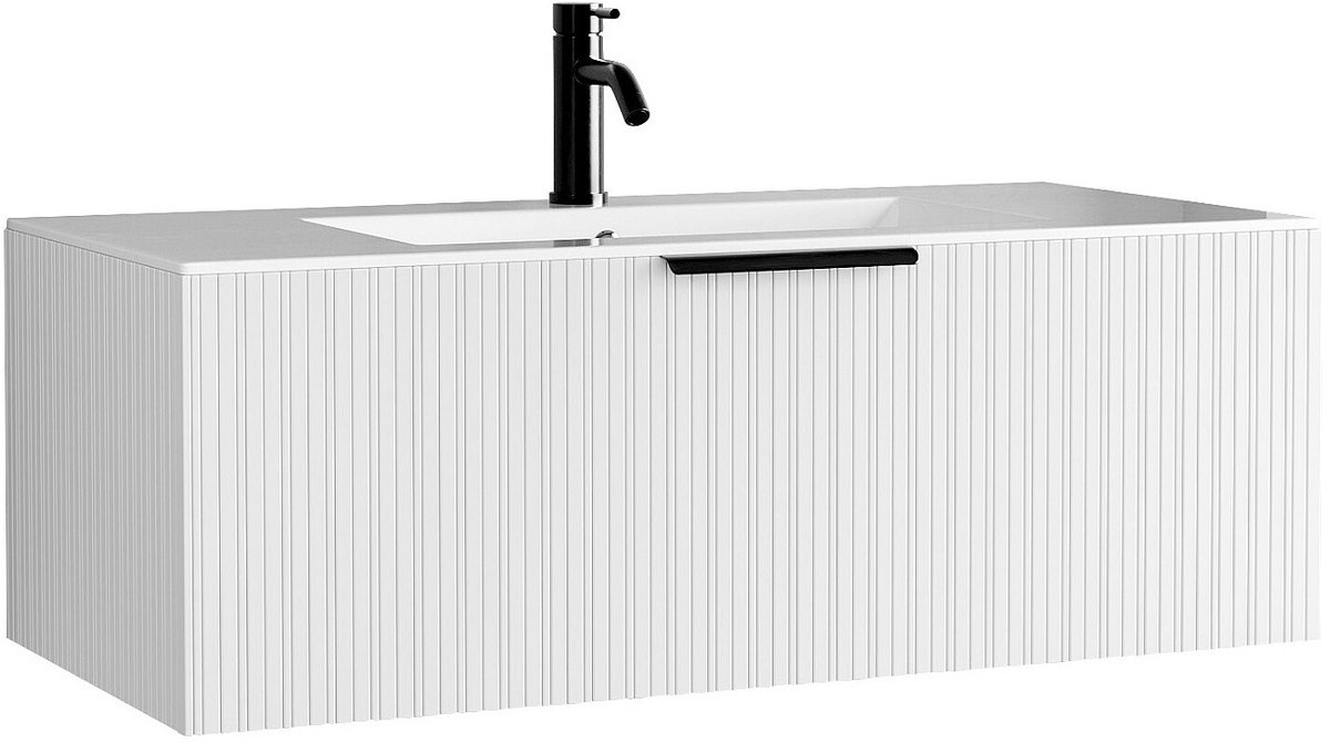Vente-unique Zwevend badkamermeubel met ribbelstructuur met inbouwwastafel en kraan - Witte kleur - 100 cm - PALIRO