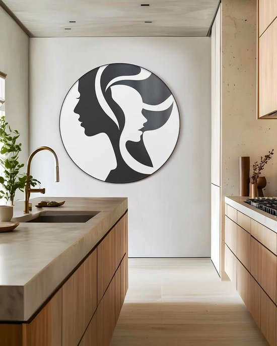 Elegante Tweezijdige Vrouwen Silhouet Muurcirkel - Luxe Muurcirkel 60x60 cm op Dibond - Sfeervolle Wanddecoratie voor Woonkamer & Slaapkamer