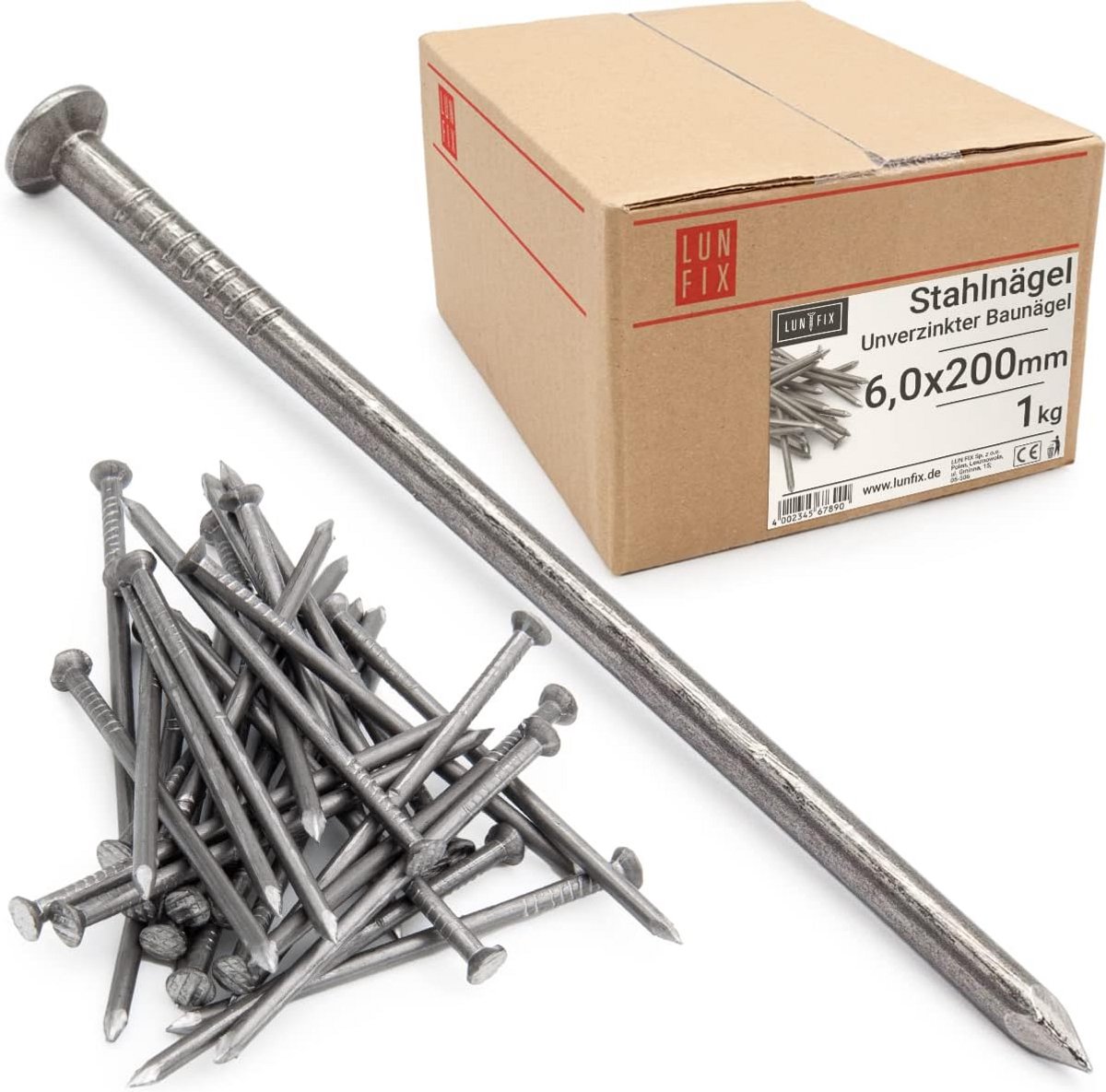 Stalen spijkers 6 x 200 mm - 1 kg | houten spijkers voor bouwwerkzaamheden | Onverzinkte baunnagels | Draadpennen met verzonken kop voor timmerwerk, DIY, en ambachten