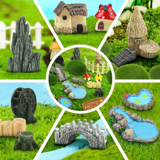 21-delige Fee Tuin Miniaturen Set - Brug Huis Landschap Accessoires met Water Fontein en Paddenstoel - Voor DIY Handwerk en Tuin Decoratie — afbeelding 2