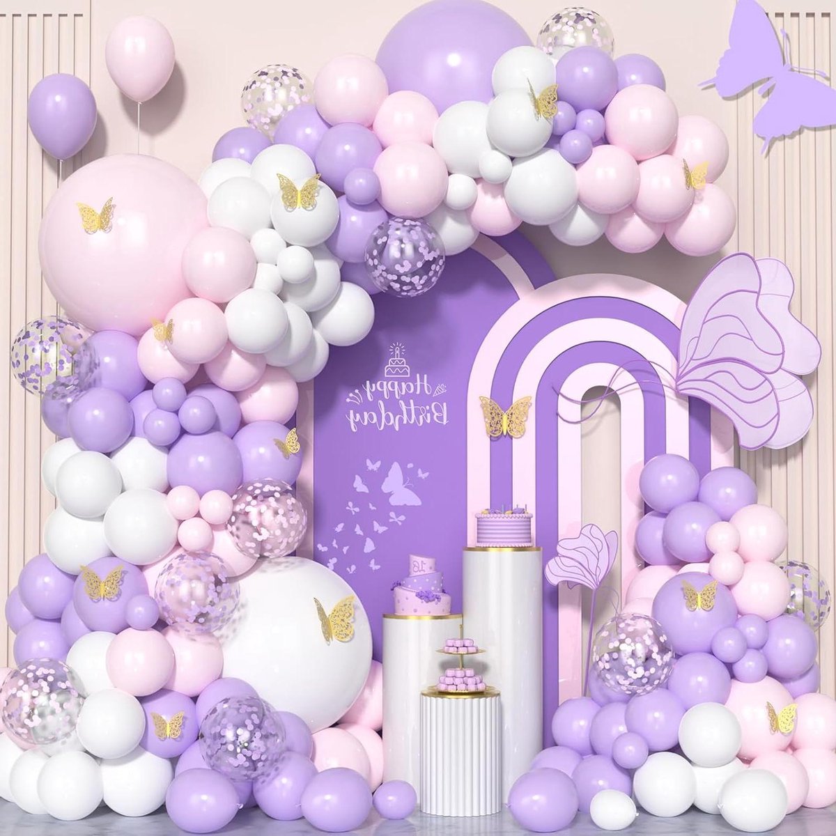 Allecta - Ballonboog kit in roze, paars en wit - 125 stuks - Geschikt voor verjaardag, babyshower, bruiloft - Met vlinderdecoratie