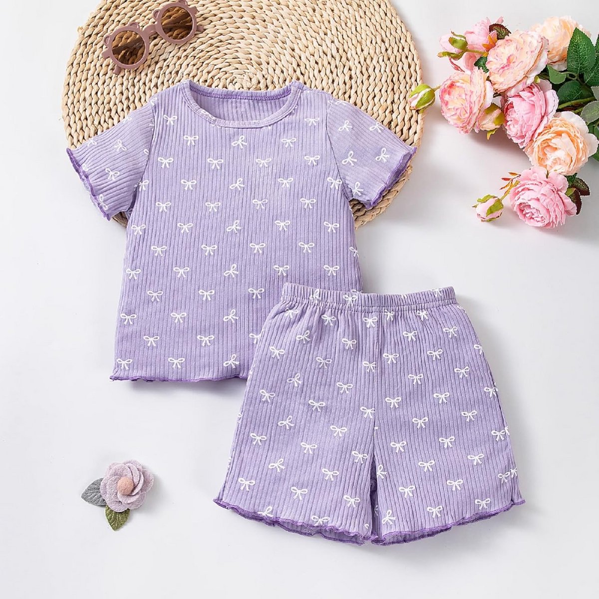 Zomeroutfit Meisjes 2-delig: Geribbelde Top met Strik en Short in Lila (18-24 Maanden)