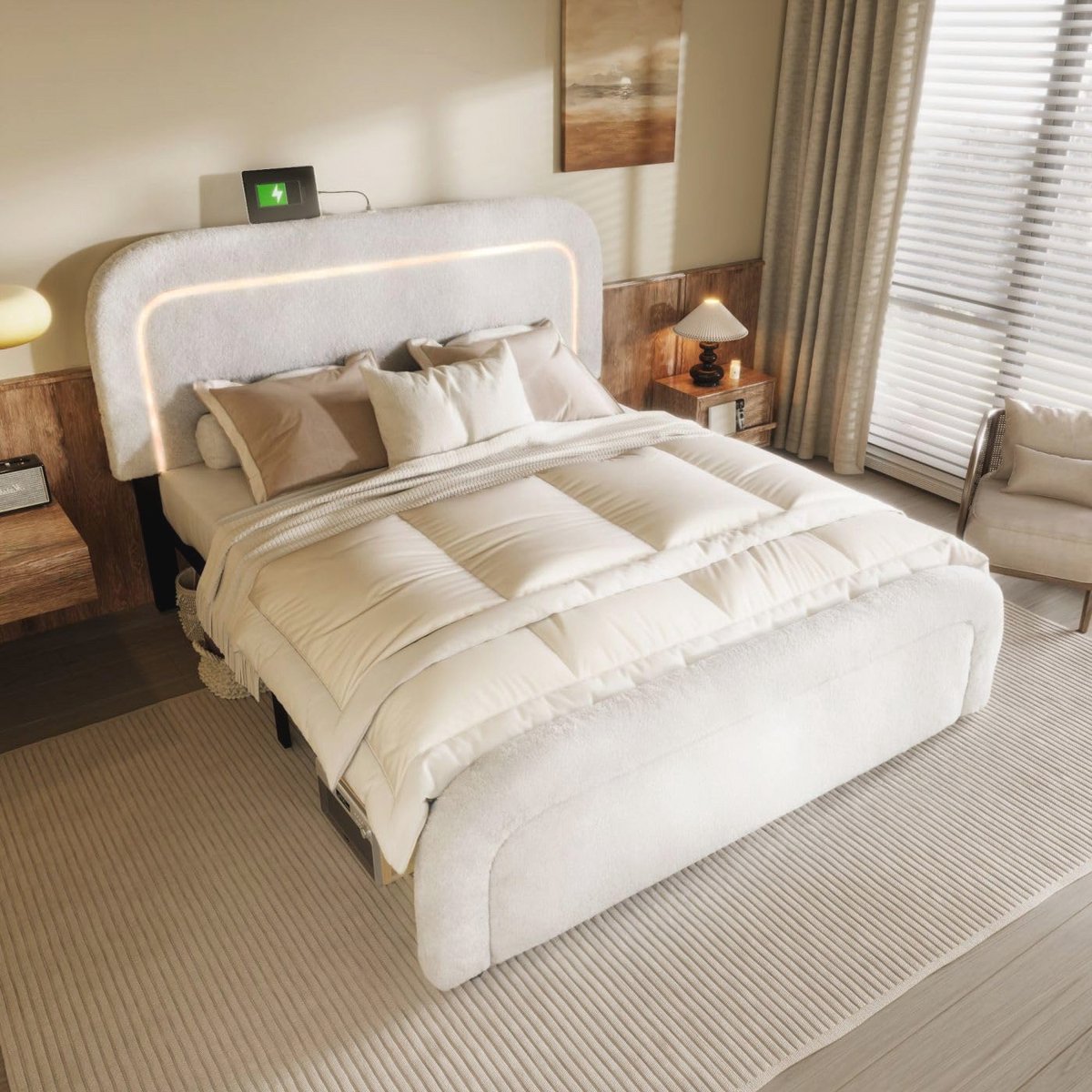 Gecapitonneerd bed 140 x 200 cm met verstelbaar hoofdeinde en USB C-oplaadfunctie