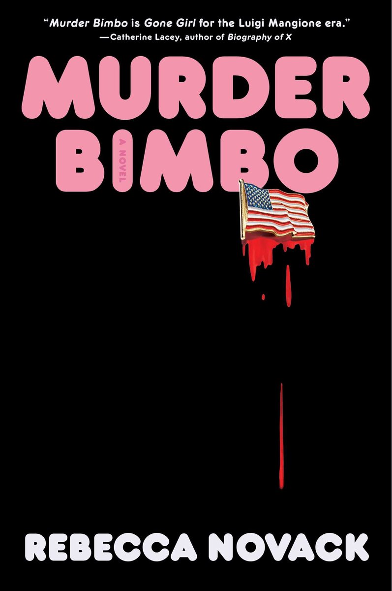 Boekomslag 'Murder Bimbo' met roze letters, een Amerikaanse vlag die bloedt en de naam van de auteur in witte letters op een zwarte achtergrond.