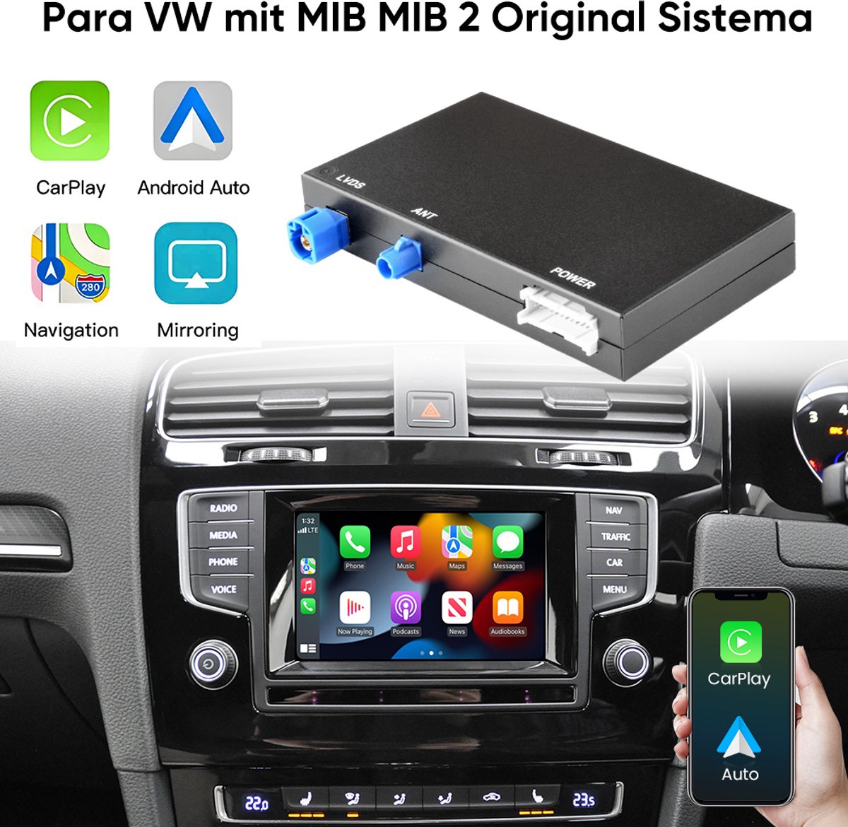 JUNSUN Draadloze CarPlay/Android Auto Decoder Box Geschikt voor VW Golf 7 Passat B8 Polo Tiguan MIB1 MIB2