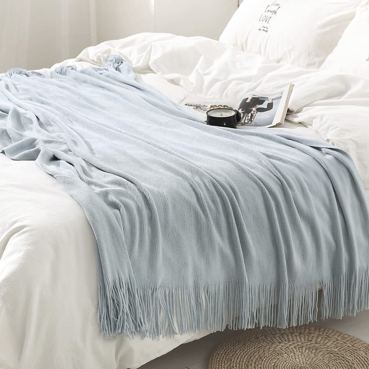 Unyqoos Zachte en decoratieve gebreide plaid met franjes voor bank of bed lichtblauw