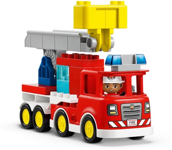 Camion de pompiers LEGO Duplo, rouge avec échelle jaune et pompier au volant.