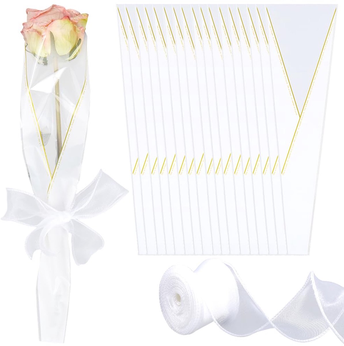 100 stuks enkele rozen verpakkingszakken bulk witte plastic bloemen boeket inpakpapier hoezen met 10 m polyester mesh lint voor Moederdag Valentijnsdag bruiloft verjaardag feest