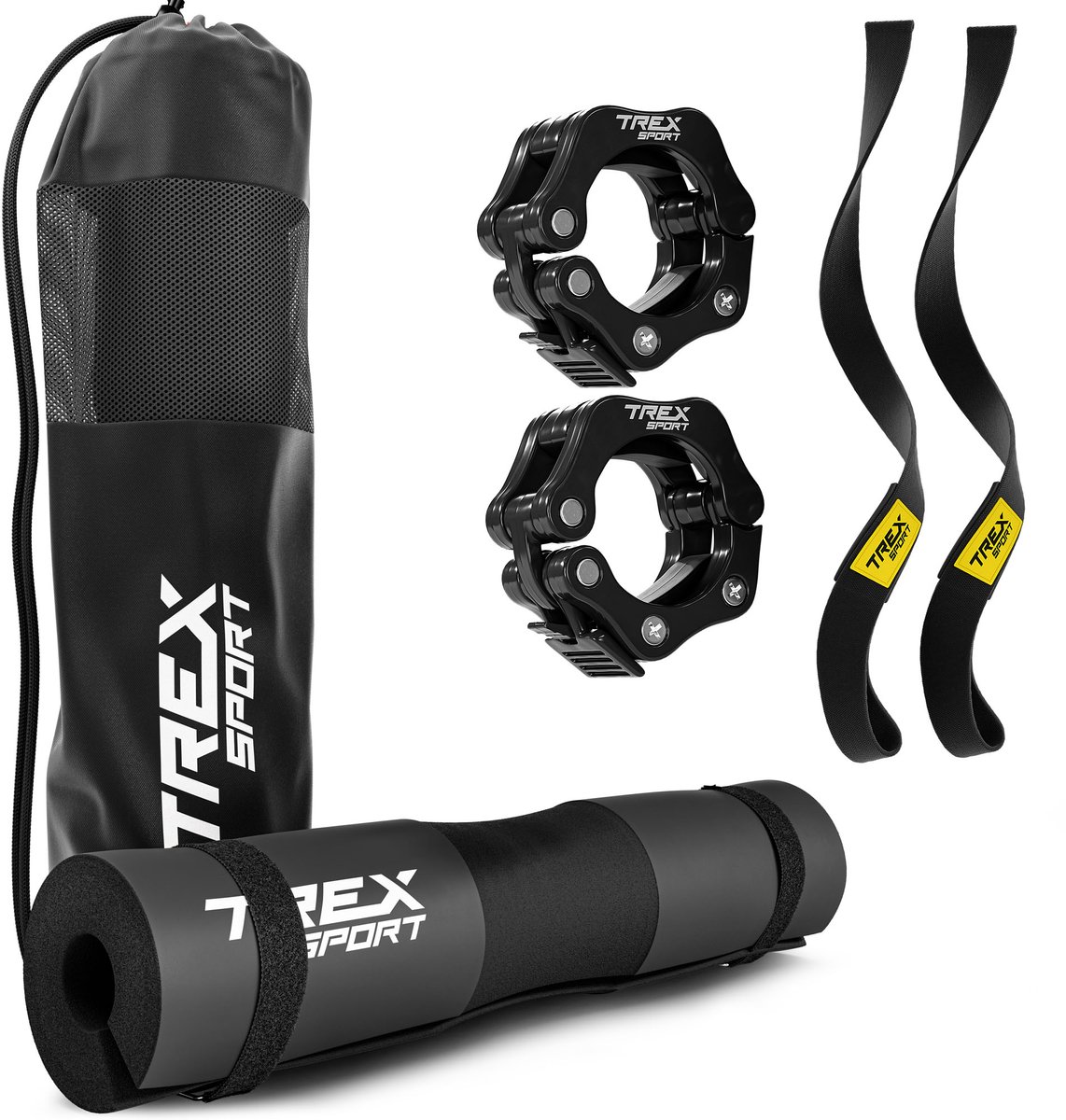 Trex Sport TX-042BPS – Fitness Accessoires Set – Halteraccessoireset – Nekkussen, Riemen & Sluitingen – Voor Halterstangen Ø 25 mm – Comfortabel Trainen – Zwart