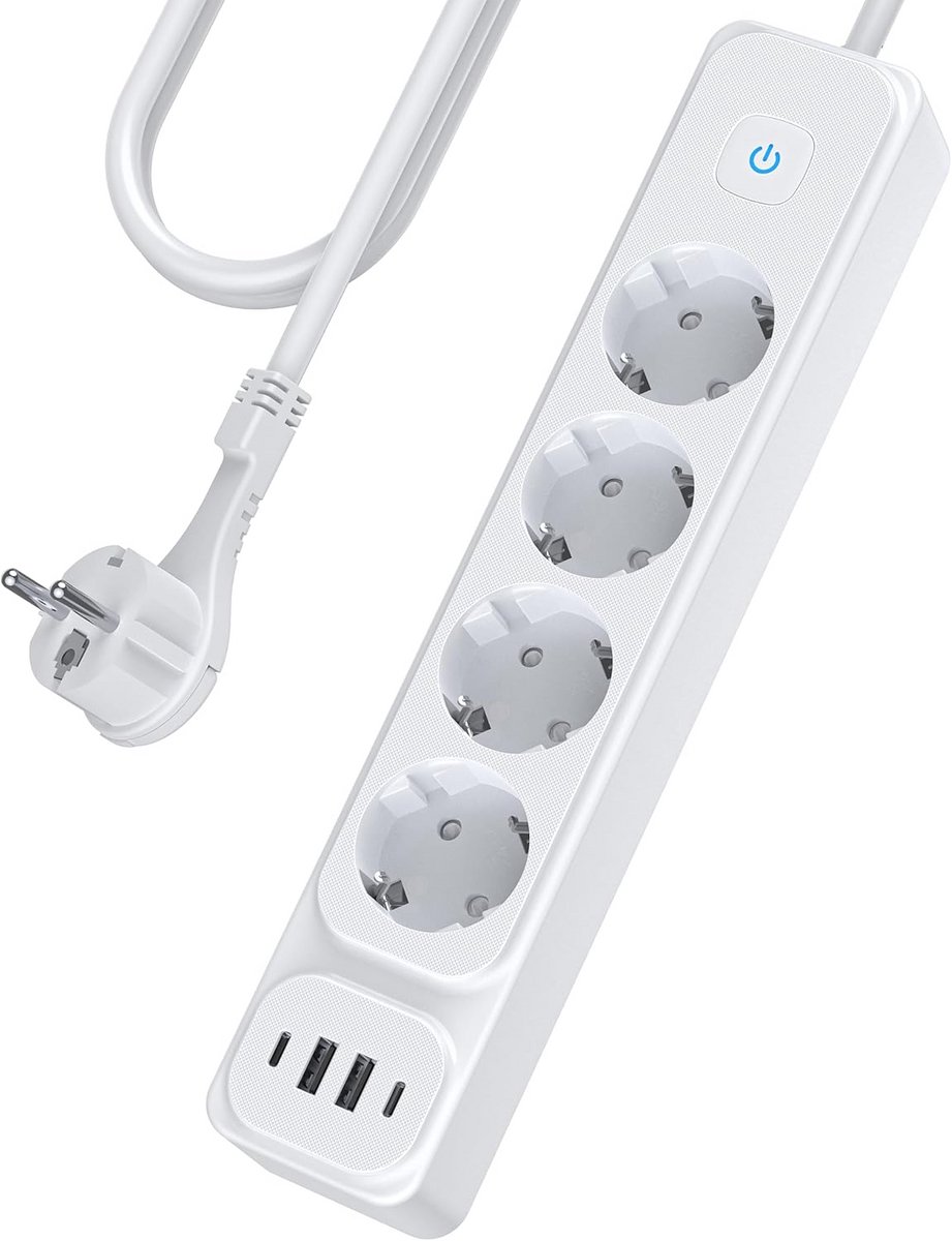 Stekkerdoos met USB - Verdeelstekker - Thuis en kantoor - Vlakke stekker design - 4 stopcontacten - Zwart