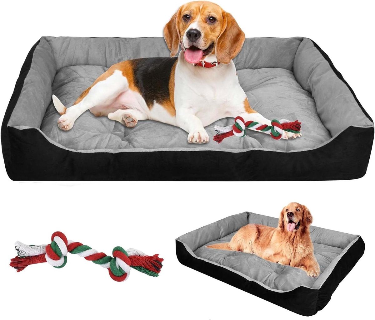Cosensi - Comfortabele wollige hondenmand voor grote huisdieren met zachte pluche bekleding. Gemakkelijk wasbaar en antislip, ideaal huisdierbed voor katten en honden. Afmetingen 90 x 70 cm, zwart-grijs design.