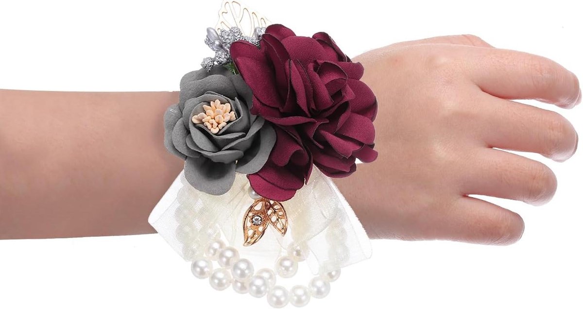 Cosensi Rozenarmbanden voor bruid en bruidegom - Sierlijke kunstbloemen voor bruiloft en afstudeerfeest - Donkerrood - Set van 2 - Afmeting 10 x 8 cm Any