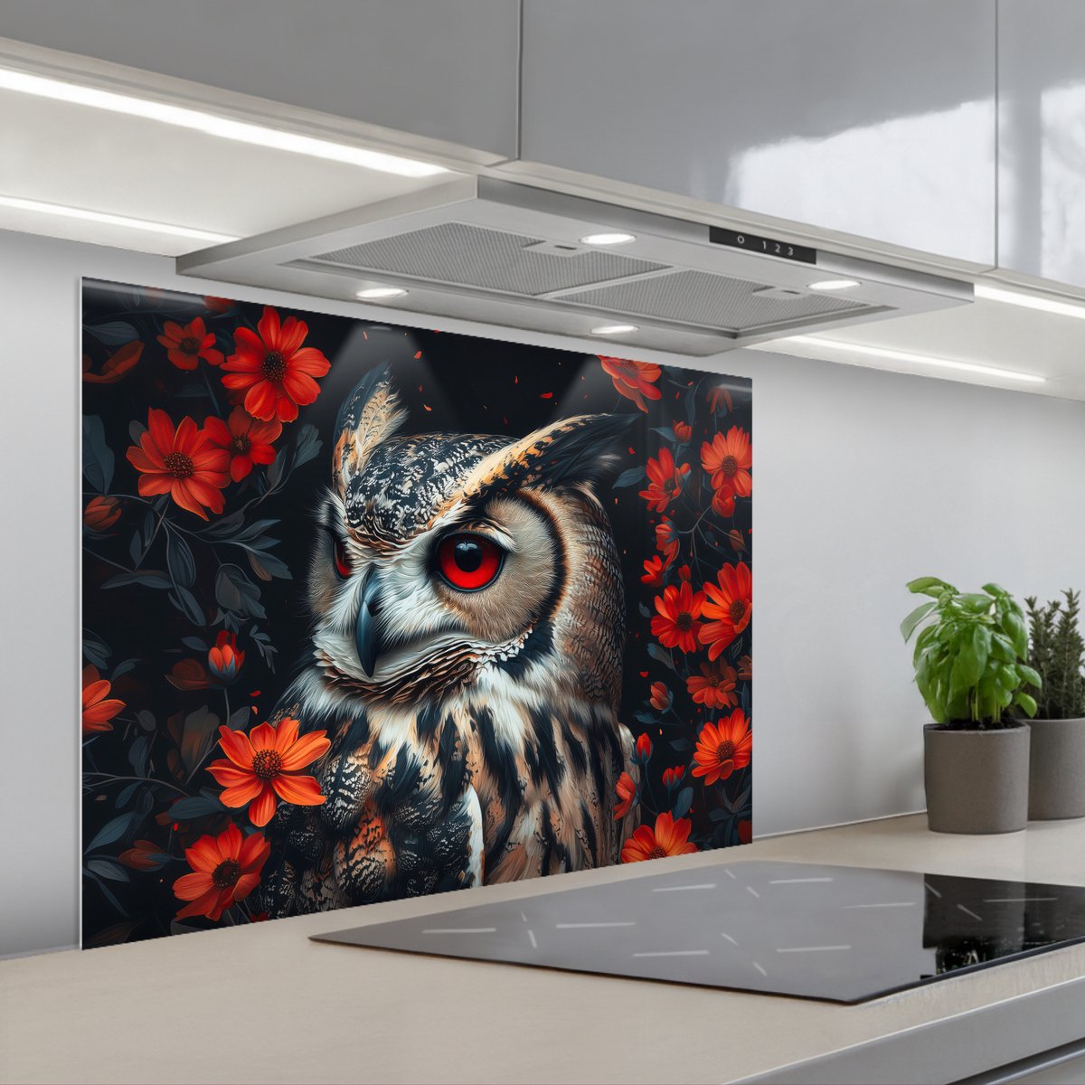 KitchenYeah Spatscherm 80x60 cm Zelfklevende achterwand Uil Bosdieren Rode bloemen Natuur Keuken muurbeschermer Spatwand fornuis