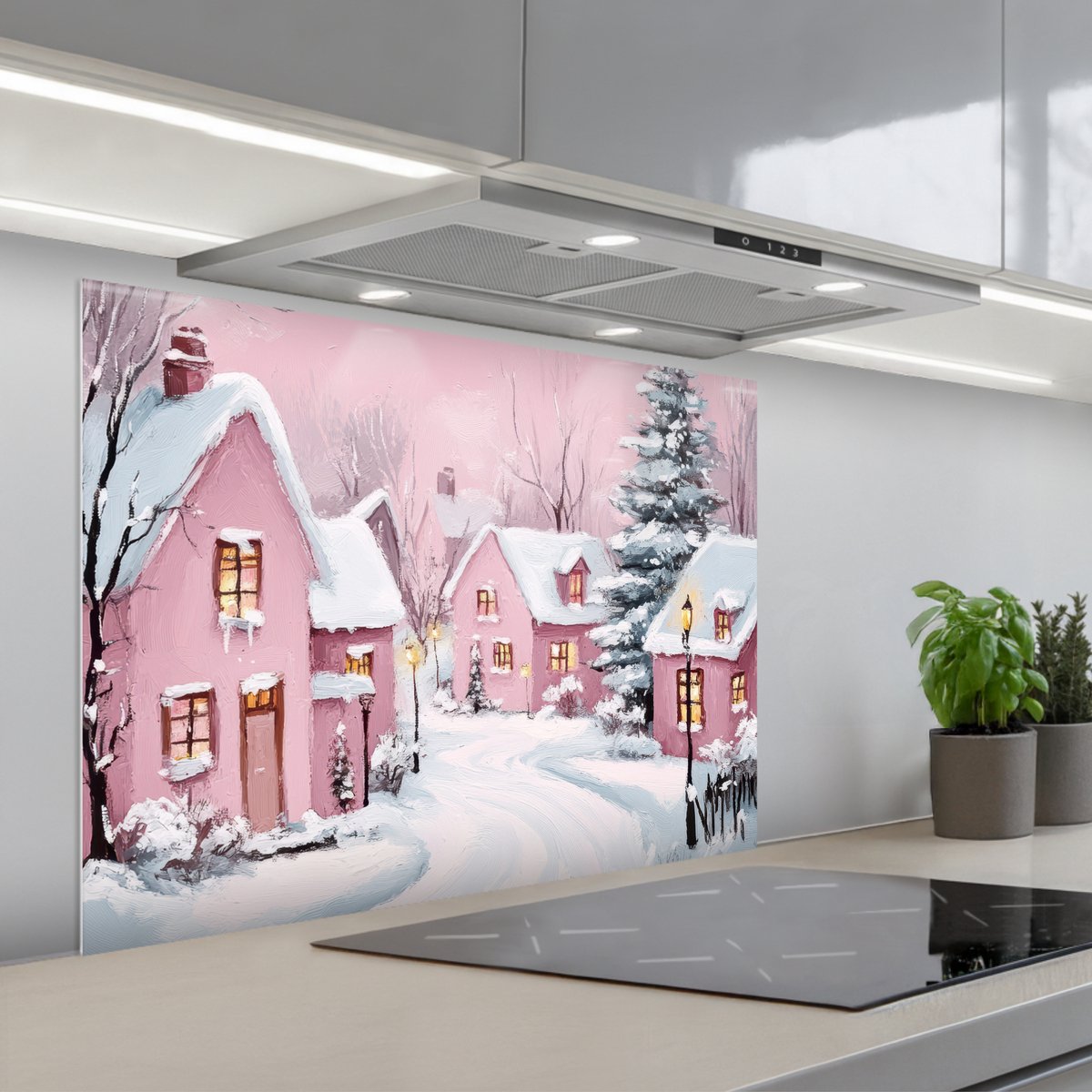 KitchenYeah Spatscherm 80x60 cm Zelfklevende achterwand Kerstdorp Roze Winter Sneeuw Huizen Keuken muurbeschermer Spatwand fornuis