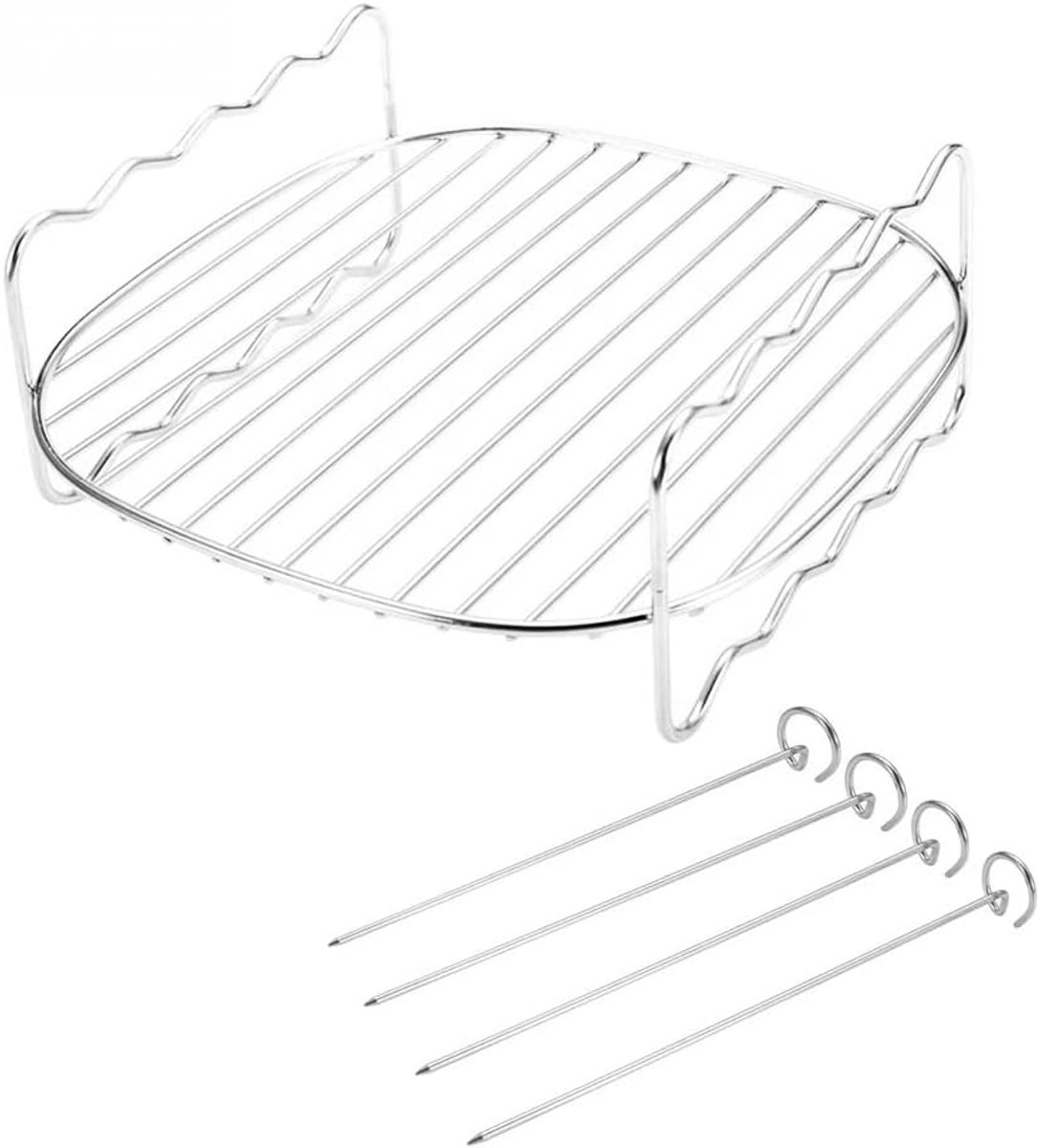 Double Layer Rack Multifunctionele Air Fryer Accessoires met 4 Spiesen - 7 Inch RVS Air Fryer Grill Pan