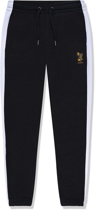 Zwarte joggingbroek met witte zijkanten en Touzani-logo op het rechterbeen.