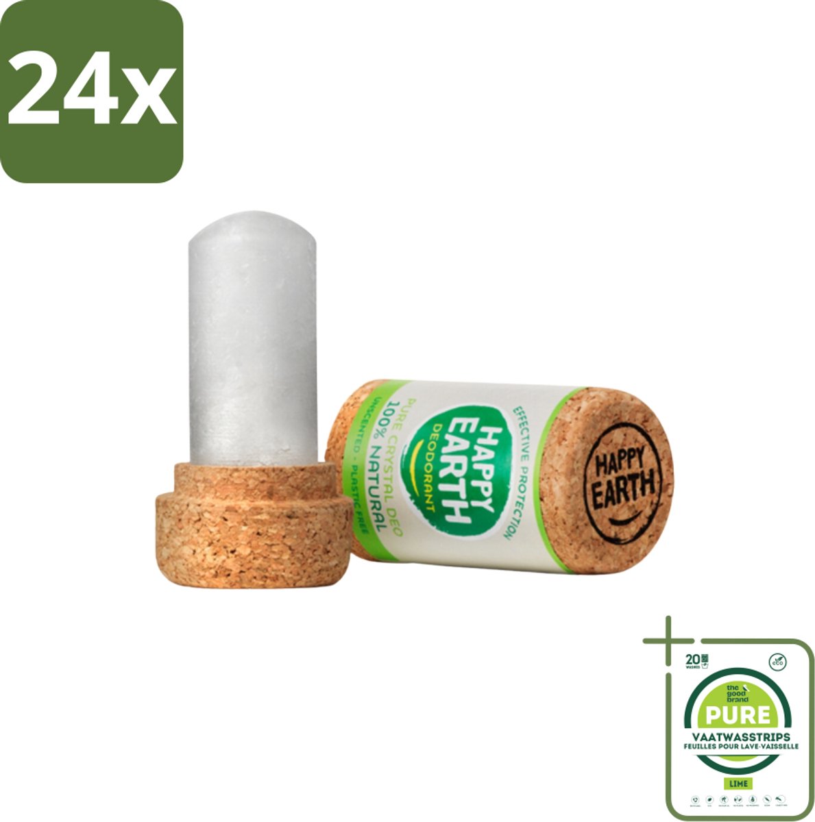 Happy Earth – Deodorant Crystal – 100% Natuurlijk Unscented – 90 g - Voordeelverpakking - 24 stuks - Geurloze deodorant - Hypoallergene deodorant