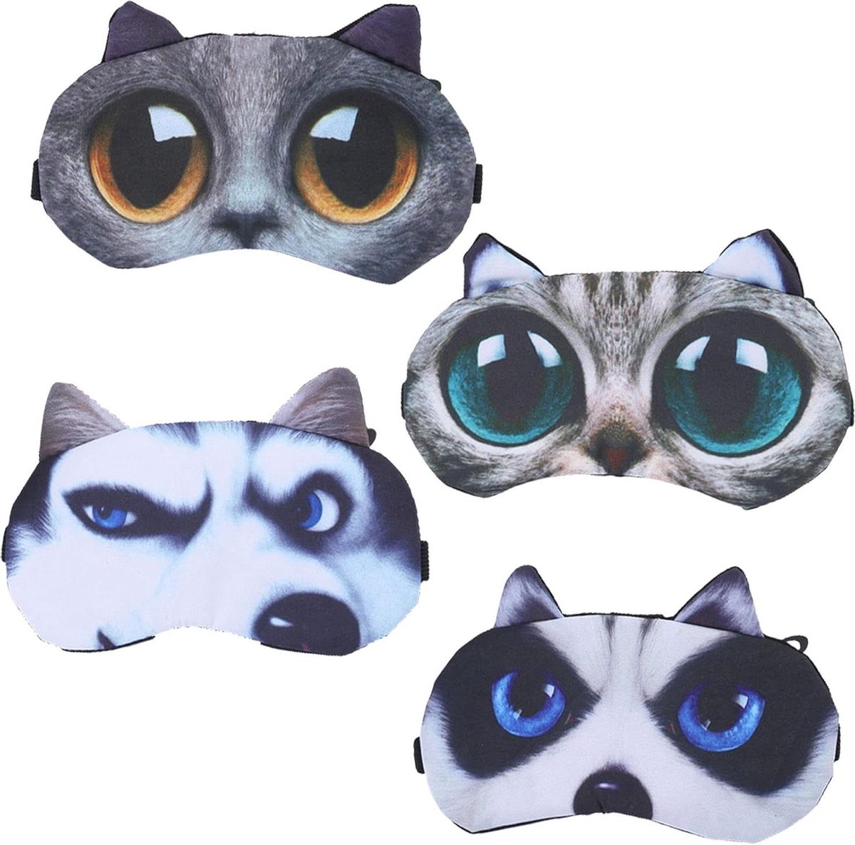 Provento - Set met 4 schattige kat en hond patronen Slaapmaskers voor kinderen, mannen en vrouwen - Zachte en pluizige oogmaskers voor rustgevende slaap - Reismasker voor donkere slaap- Kinderen, jongens, meisjes, vrouwen - Dagdroom Slaapmasker