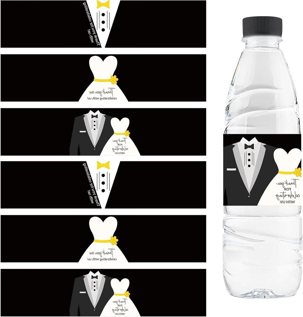 Provento - Waterfles labels voor bruiloft, 72 stuks, zwart flesstickers in pak & jurk patroon