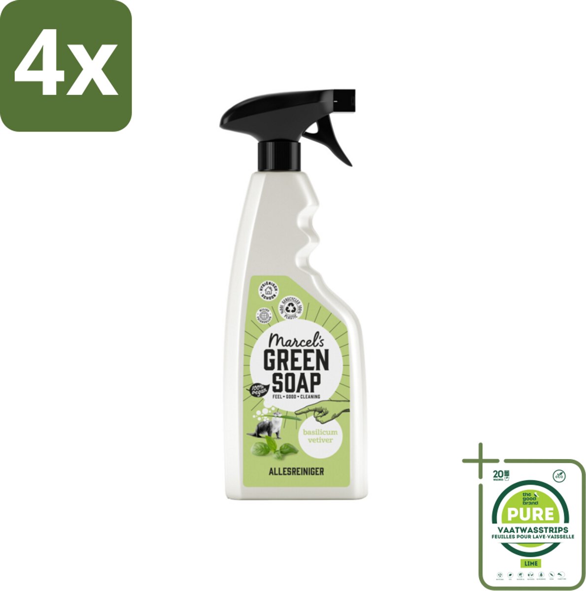 Marcel's Green Soap - Allesreiniger Spray - Basilicum & Vetiver gras - Natuurlijk & effectief - 500 ml - Voordeelverpakking - 4 stuks - Allesreiniger - Schoonmaakspray