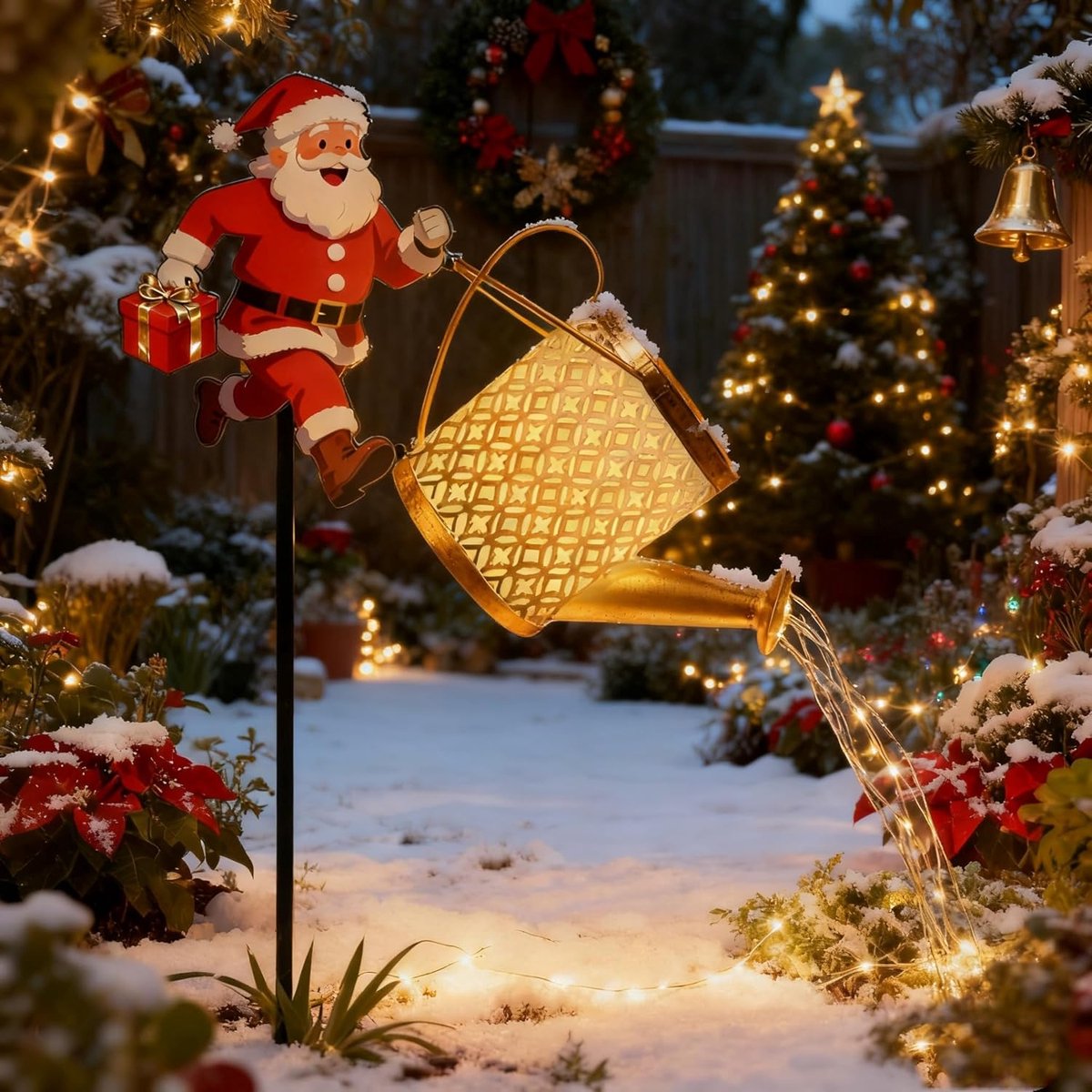 Kerstman Solar Gietersproeier Lamp - Met Stromend Water Effect - Waterdichte Metalen Tuinlantaarn - Zonne-energie voor Buiten - Kerstdecoratie