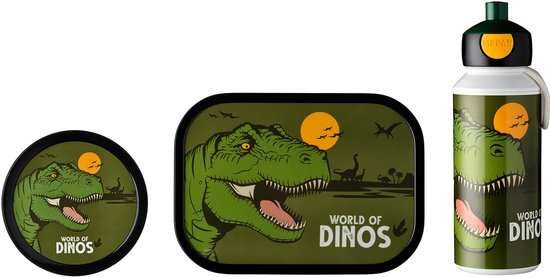 Dino themacollectie met een rond bakje, lunchbox en drinkfles met dinosaurussen.
