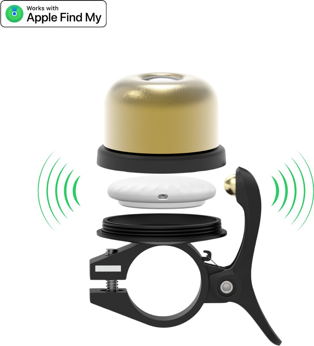 Fynda - Fiets tracker - Werkt met Apple Find My - Fietsbel inclusief tracker - Geschikt voor Apple AirTag - MFi gecertificeerd door Apple - Onbeperkte lokalisering - Met geluidssignaal - Waterdicht - Goud