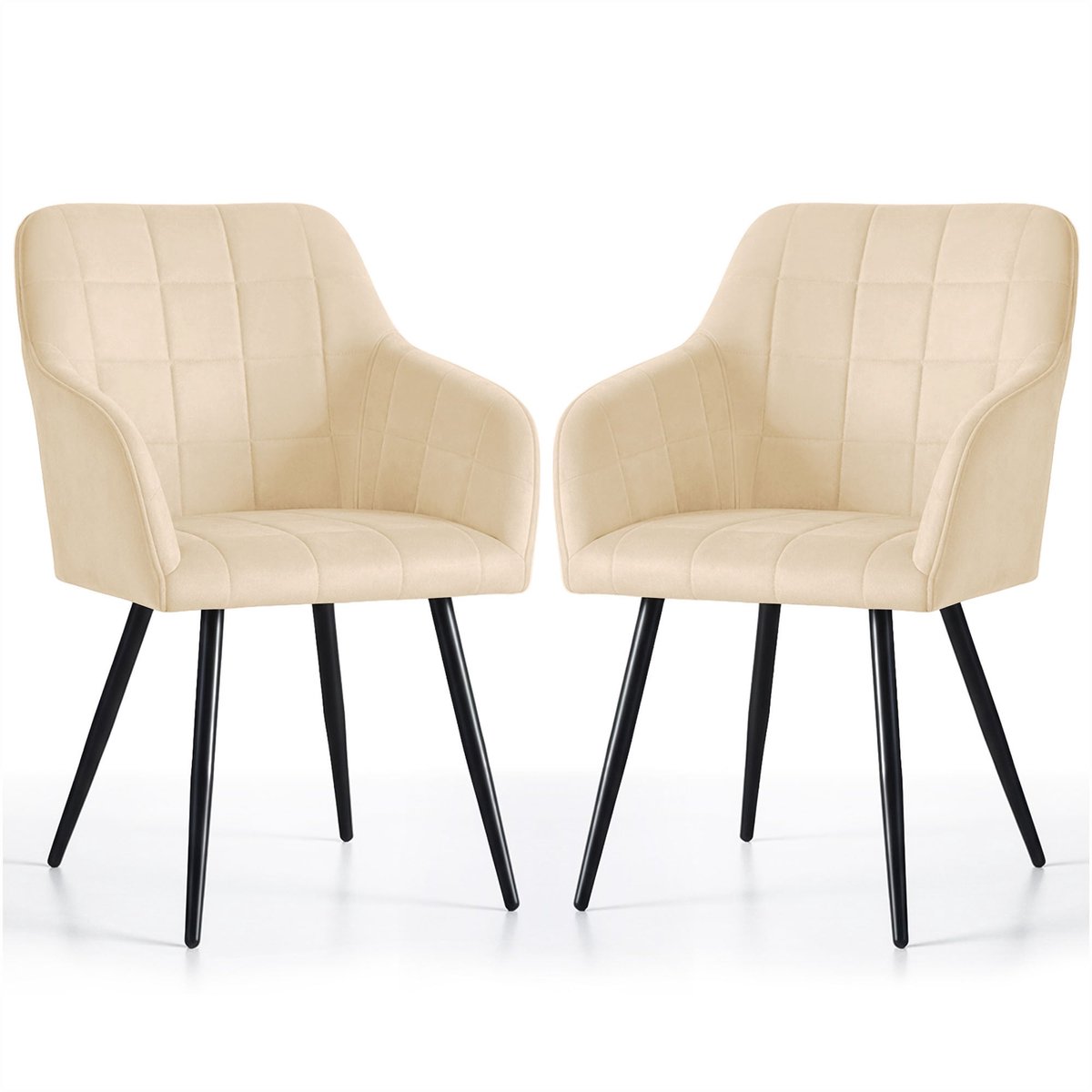Set van 2 Eetkamerstoelen LUXANO met Armleuningen / Gestoffeerde Stoelen / Fluwelen Stoelen en Metalen Poten / Beige met zwarte benen