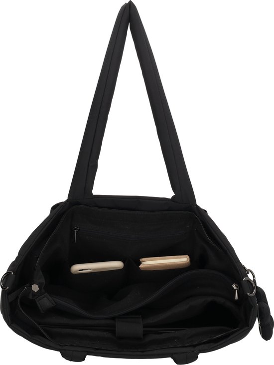 Open zwarte tas met laptopvak, smartphone en tablet vakken.