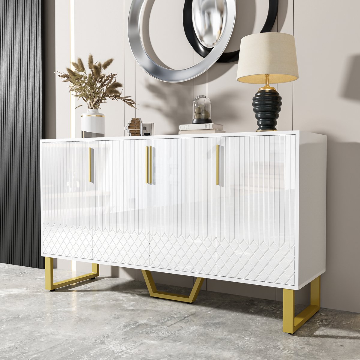 STILVORA Dressoir – Hoogglans Dressoir Met Geometrisch Patroon – 4 Deuren – Opbergruimte Voor Woonkamer En Gang – MDF – 140x40x80 cm – Wit