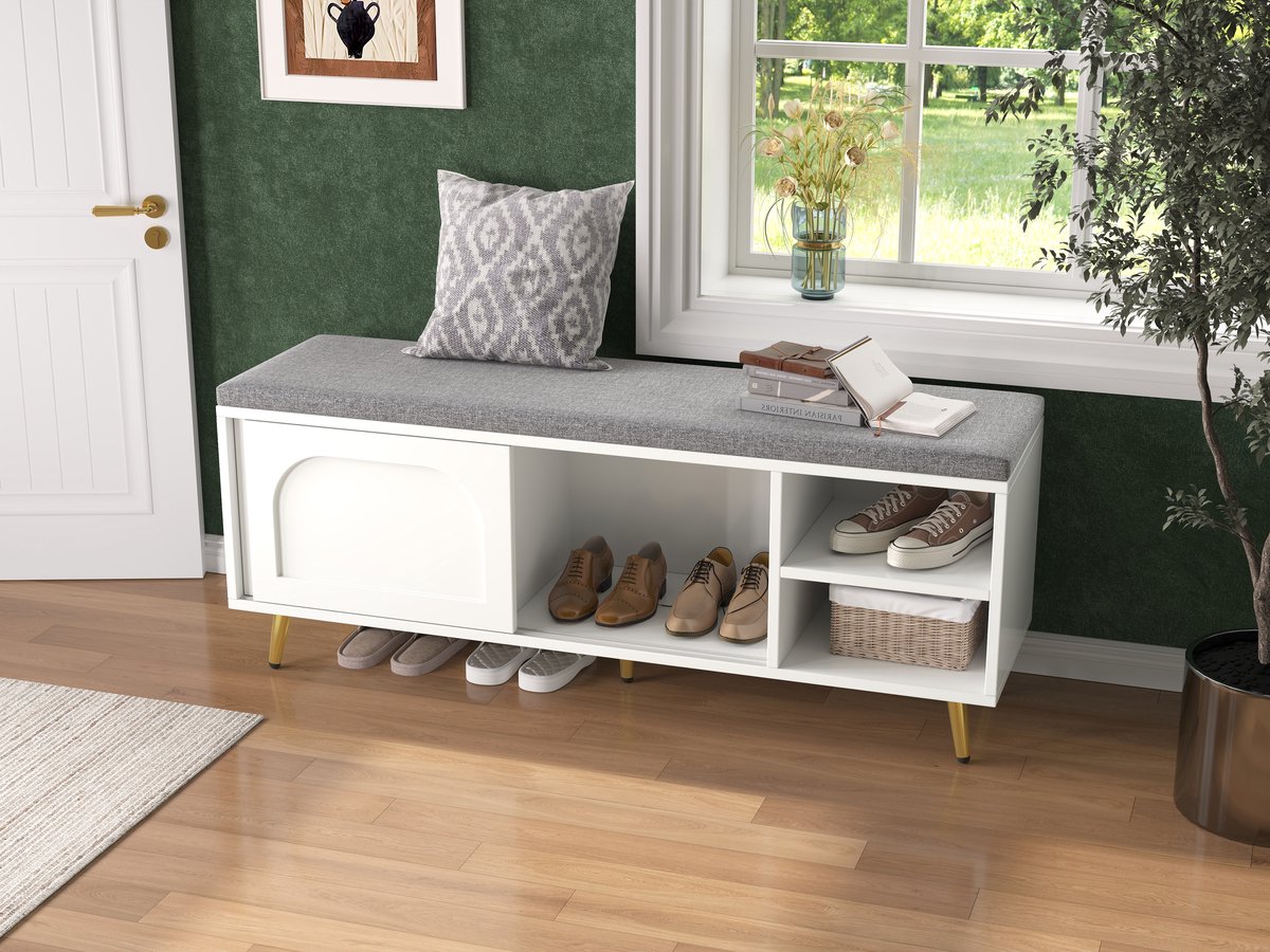 kast, schoenenrek met zitje, bank met kussen, schoenenkast met opbergruimte, kledingkastbank, wit, afmetingen: 121 cm (B) x 35 cm (D) x 49 cm (H).