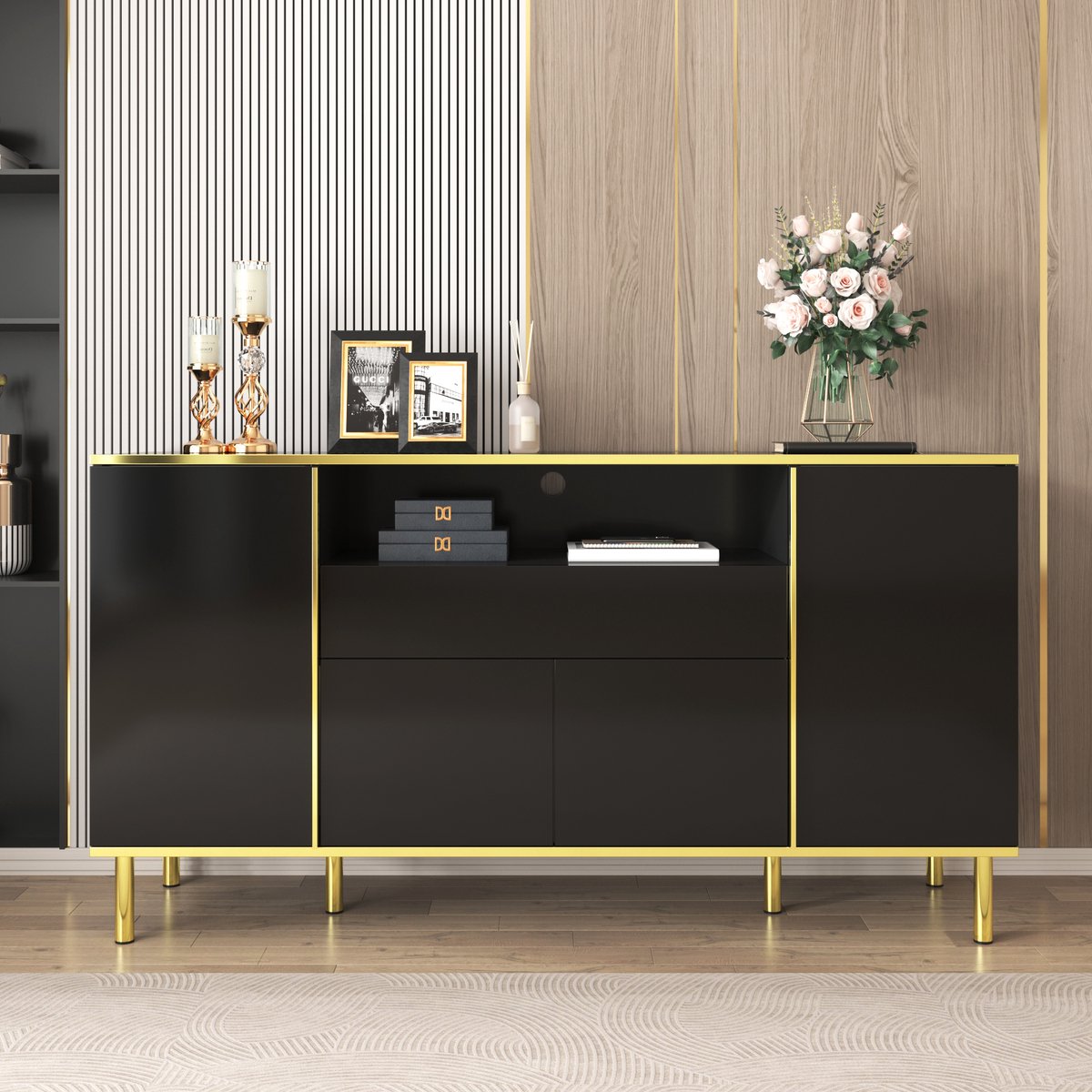 OKWISH Dressoir – Hoogglans Zwart – 4 Deuren 1 Lade – Met LED-Verlichting – Luxe Stijl Met Gouden Accenten En Poten – Spaanplaat;MDF – 150x40x80 cm