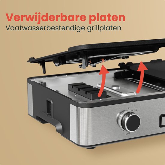 KitchenBrothers Elektrische Grillplaat - Bakplaat met Temperatuurregeling - Plancha - Gourmet - Tafelgrill - 2400W - 30,5x52 cm - RVS/Zwart — afbeelding 4