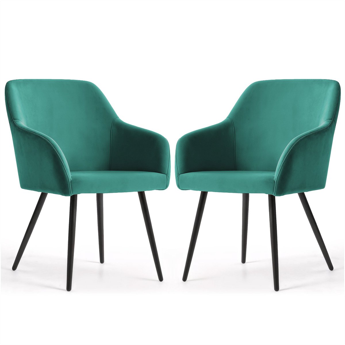 Set van 2 Eetkamerstoelen ESTELLE met Armleuningen / Gestoffeerde Stoelen / Fluwelen Stoelen en Metalen Poten / Flesgroen met zwarte benen