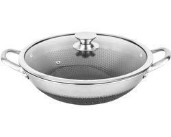 Cheffinger, Wok 32cm met honingraatcoating en krasbestendig deksel, Zilver