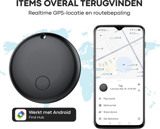 Zwarte Buzzy tracker met een wereldkaart-achtergrond en een mobiele telefoon met GPS-locatie.