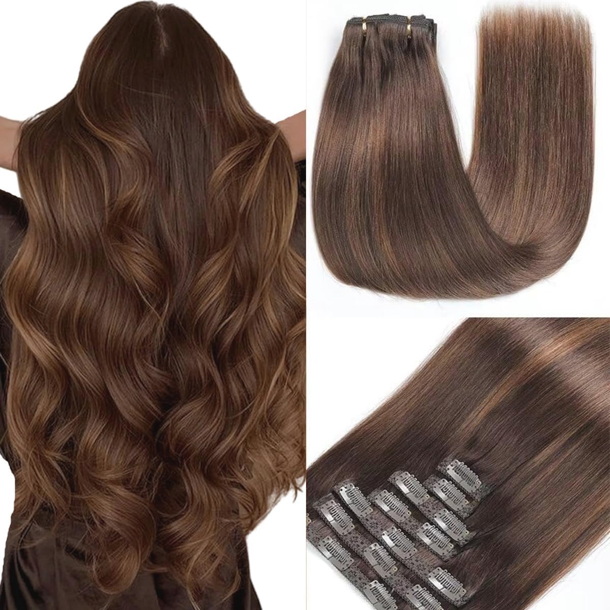 Clip-In Echt Haar Extensions 40 cm - 7 Delen, Donkerbruin met Maroon - 120g