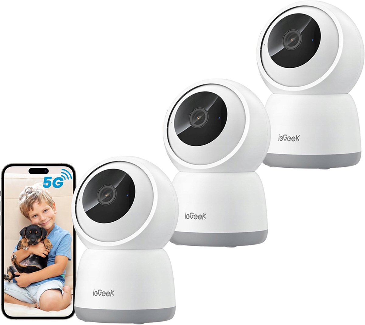 SC1 Pro Camerabewaking binnen - 5MP Ultra HD 2.4/5 GHz - Huisdiercamera met app - Beveiligingscamera's - Wifi Camera APP - Volgt beweging en geluidsdetectie - Bewakingscamera - Wit - 3 Stuks